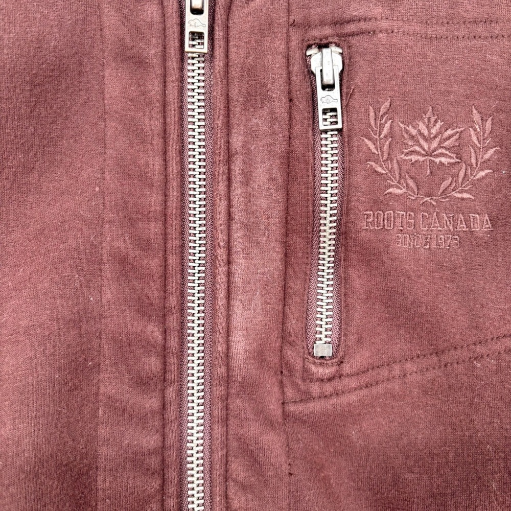 Roots Canada Full Zip Track Jacket Sz S Brown Retro Y2K Stretch Knit Thumb Holes - Picture 6 of 14